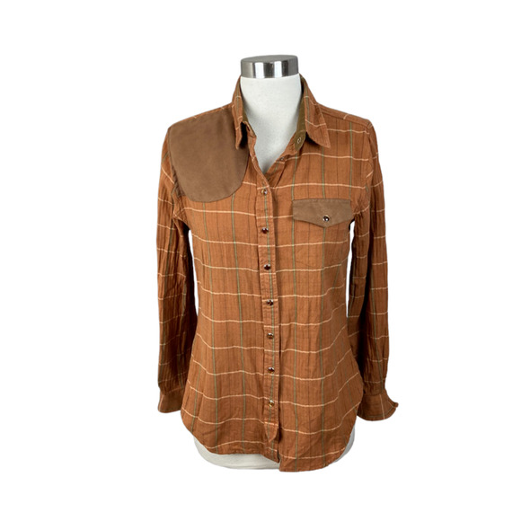 Tasha Polizzi Rust Brown Plaid Snap Front Faux Suede Detail LS Shirt - Picture 1 of 4